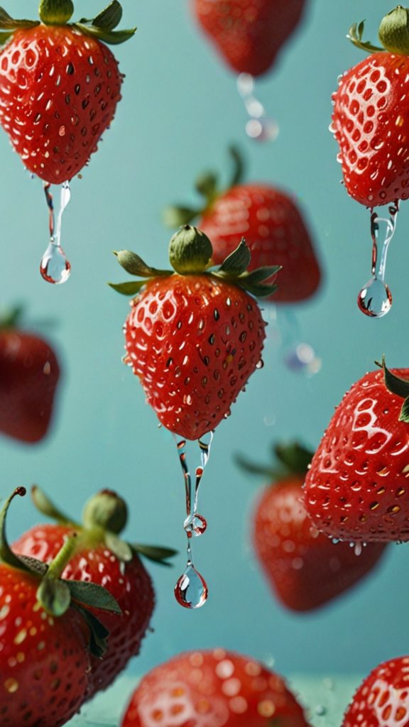 Water dropping from red strawberries with sky background Kawaii Strawberry Wallpaper