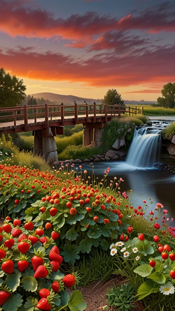 Waterfall with bridge strawberry shortcake inspired beauty strawberry shortcake cartoon wallpaper