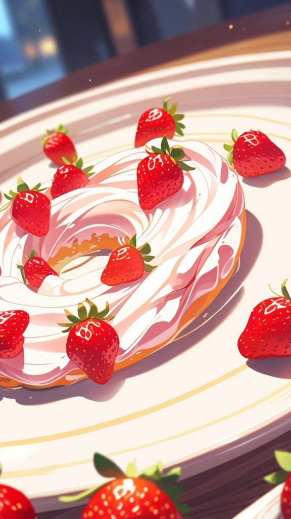 Whimsical and trendy strawberry cake in plate strawberry shortcake cartoon wallpaper