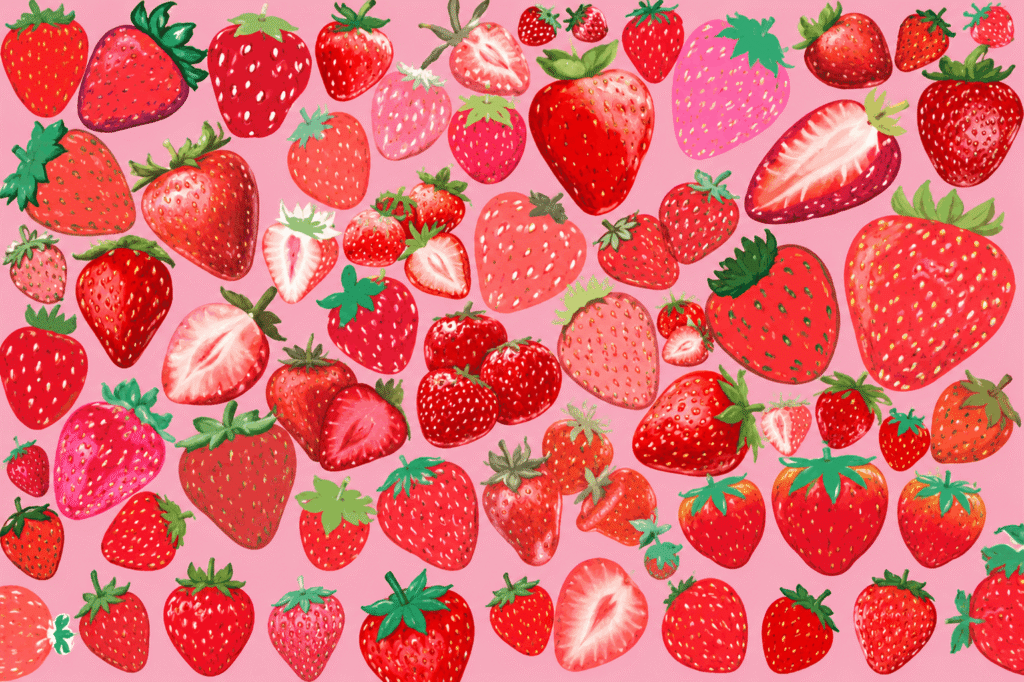 Whimsical strawberry pattern on pink background
