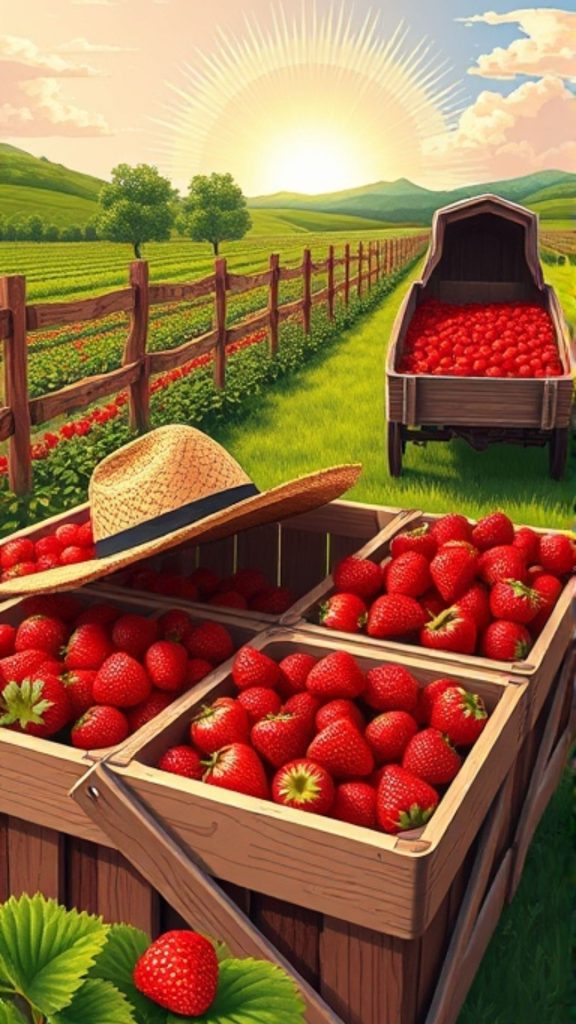 Wooden box filled with strawberries at strawberry farm_strawberry field wallpaper