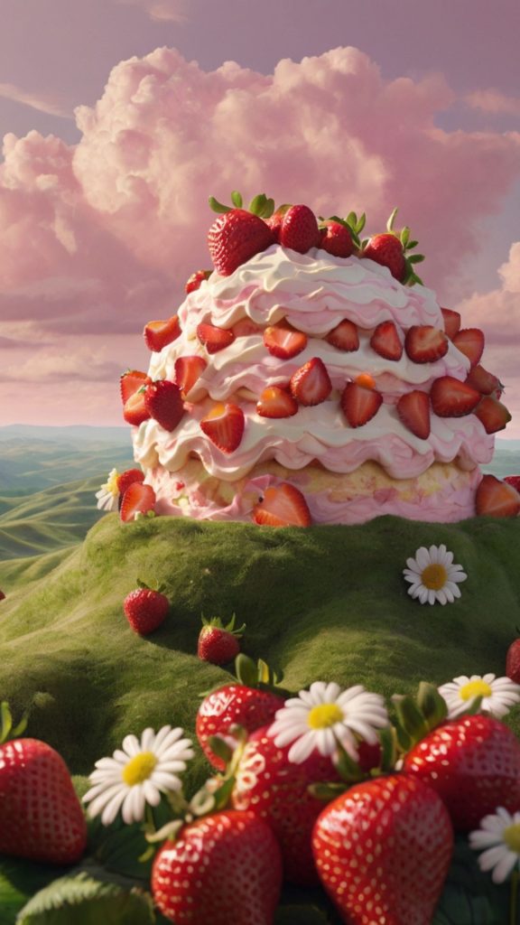 strawberry shortcakes wonderland with cakey mountain and cloudy background strawberry shortcake cartoon wallpaper