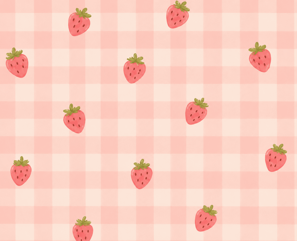 A pink checkered background featuring a pattern of strawberries