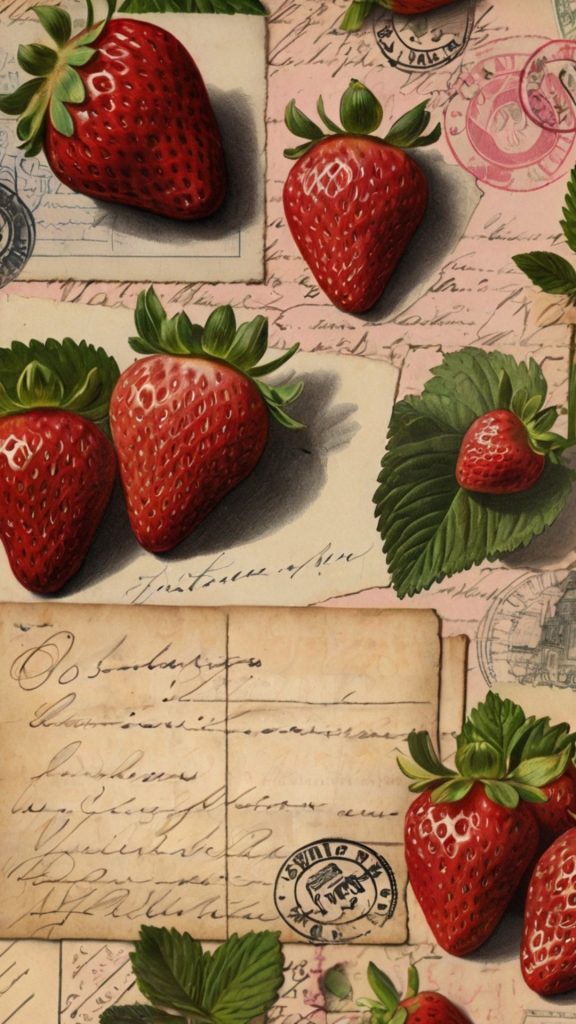 Aesthetic hand written letters with strawberries and stamps vintage strawberry wallpaper