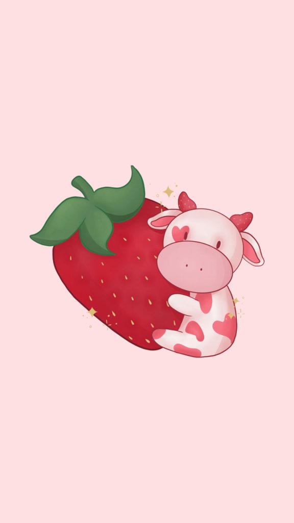 Baby cow holding strawberry with baby pink background kawaii strawberry cow wallpaper