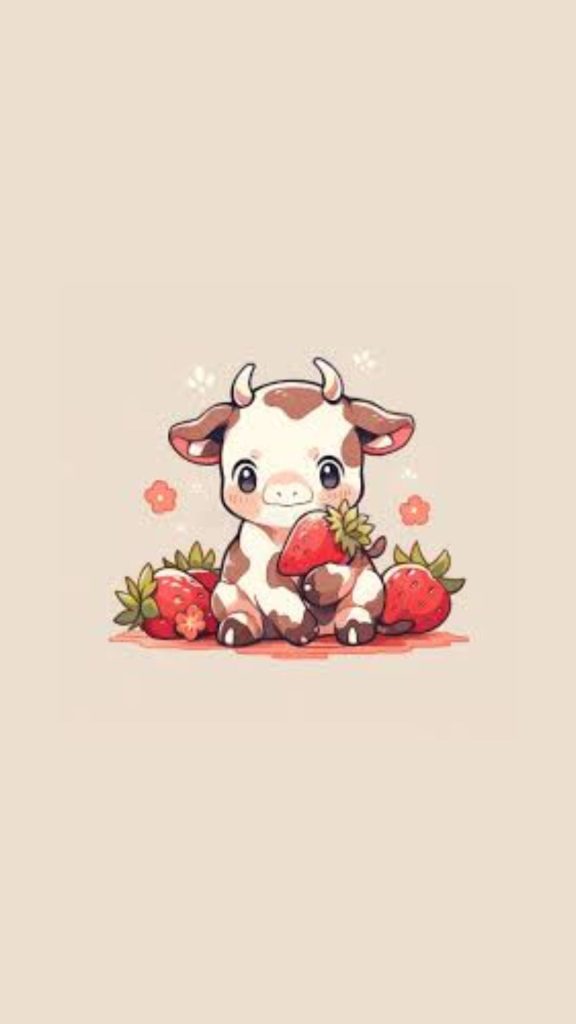 Baby cow playing with strawberries kawaii strawberry cow wallpaper
