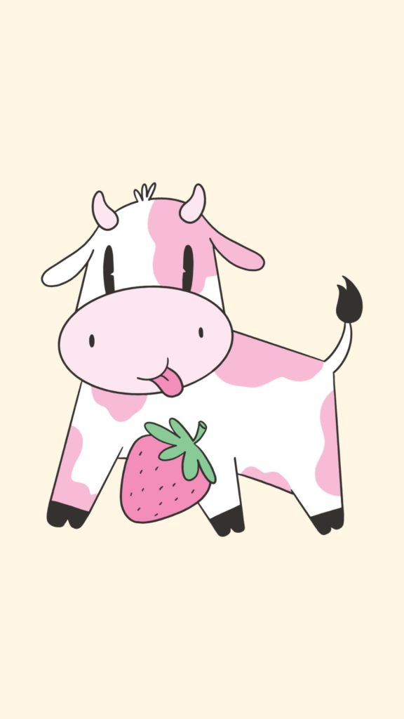 Baby cow with pink strawberry on baby peach background kawaii strawberry cow wallpaper