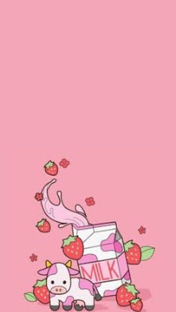 Baby cow with strawberries and strawberry milk pack kawaii strawberry cow wallpaper