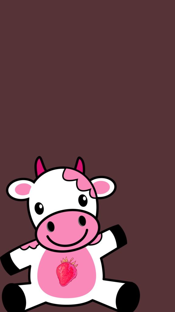 Baby cow with strawberry printed on her belly with purple colour in the background kawaii strawberry cow wallpaper