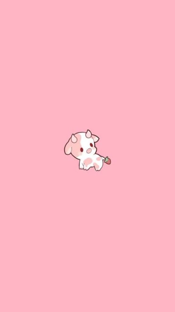 Baby moo with strawberry on her tail with pink background kawaii strawberry cow wallpaper