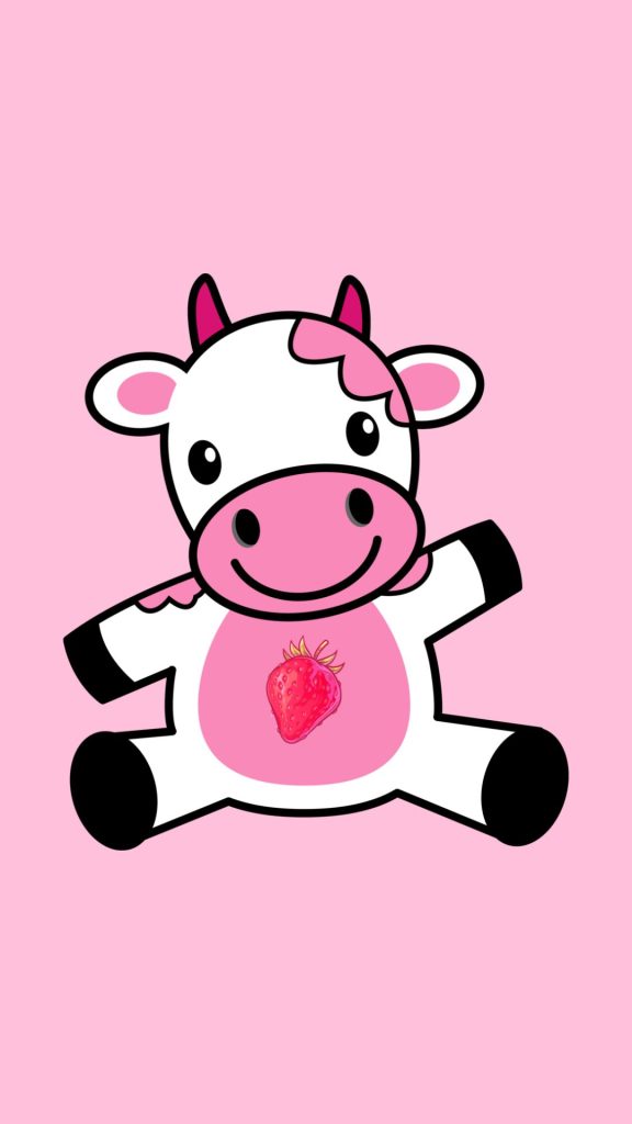 Baby moo with strawberry print on her belly with baby pink background kawaii strawberry cow wallpaper