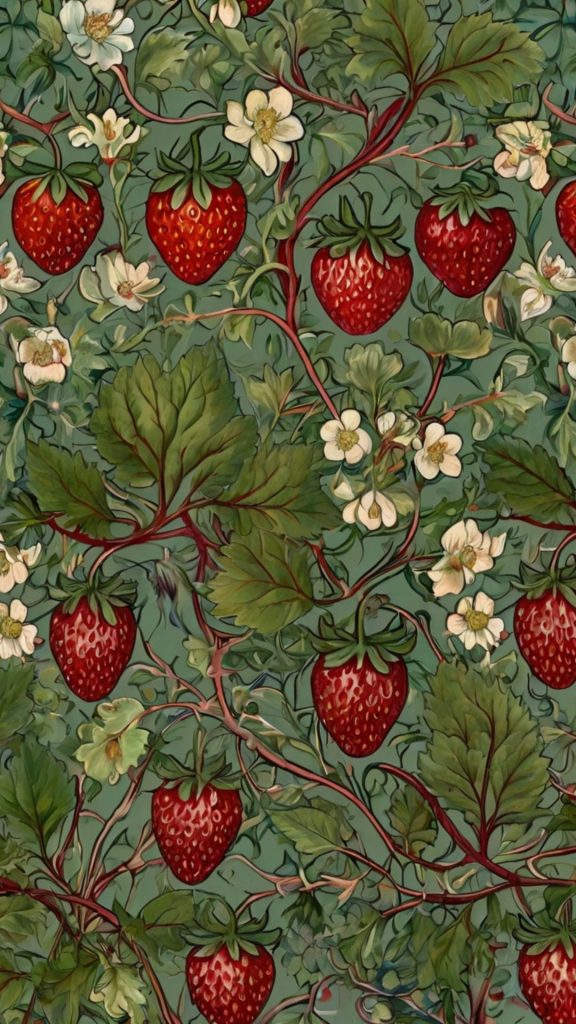 Big red strawberries with jasmine flowers and leaves William Morris Strawberry Thief Wallpapers