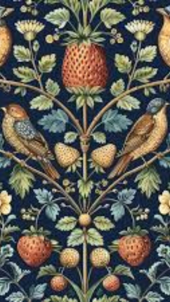 Birds with strawberries and blue floral aesthetic background William Morris Strawberry Thief Wallpapers