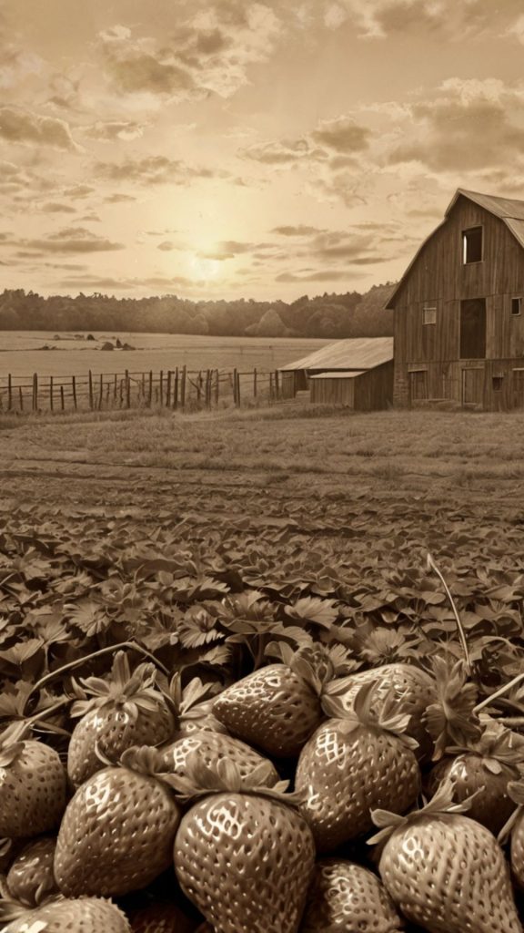 Black and white strawberry field with hut in the background vintage strawberry wallpaper