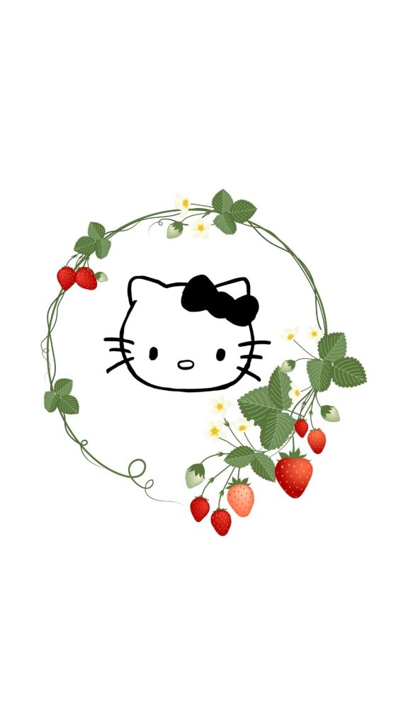 Black outline hello kitty in circle strawberry arch hello kitty strawberry wallpaper