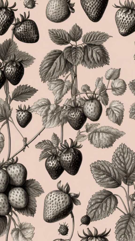 Black & white strawberries on baby pink background vintage strawberry wallpaper