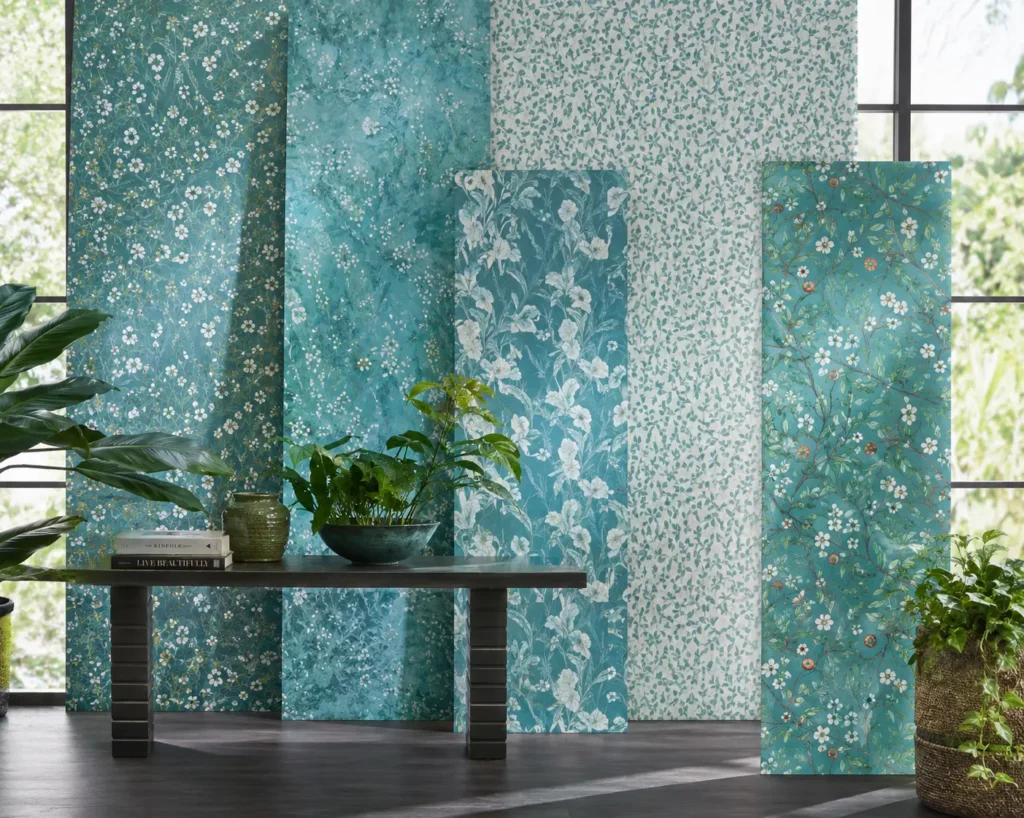 Botanical Wallpaper Display with Greenery