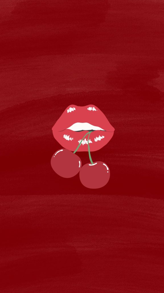 Cherries with lips on dark maroon background perfect for girls aesthetic cherry wallpapers