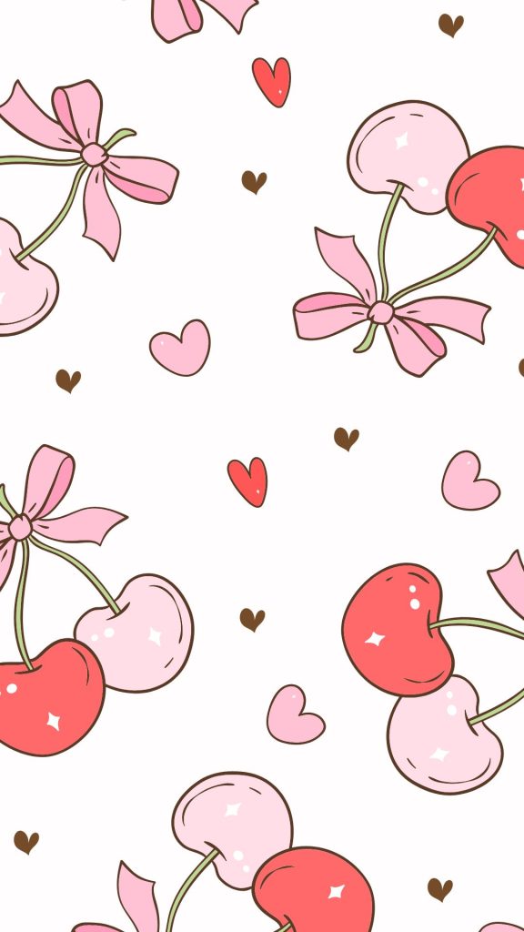 Cherry pairs with bows and little cute hearts aesthetic cherry wallpapers