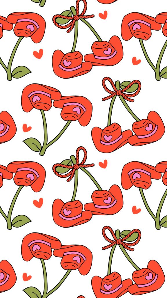 Cow girl hats themed as cherry pairs in red colours with white background aesthetic cherry wallpapers
