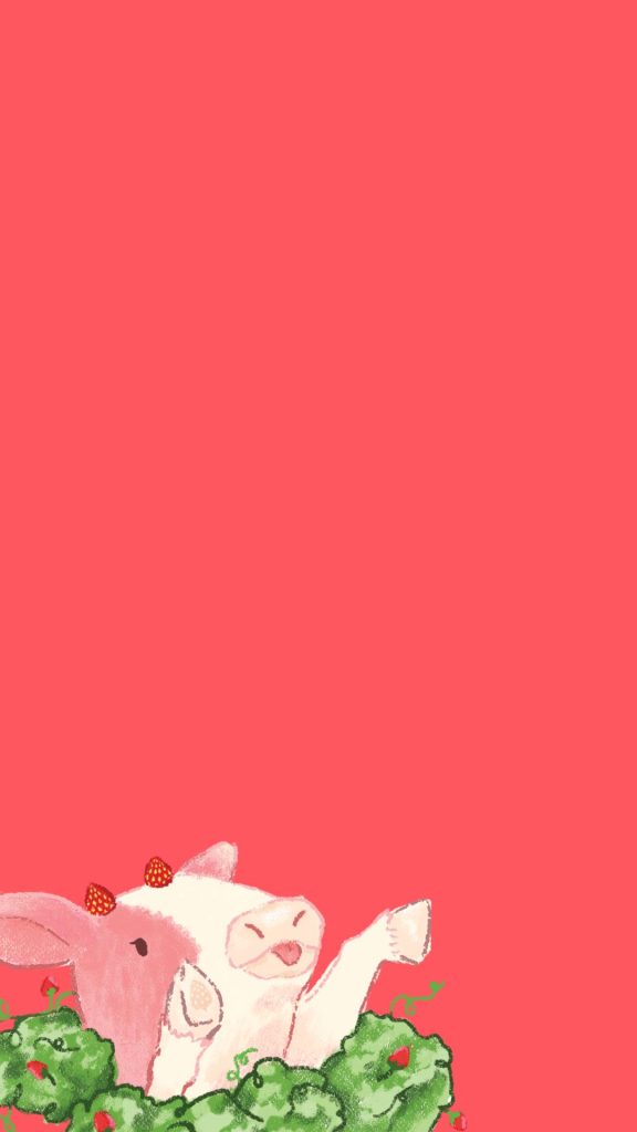 Cow with strawberries and grass on dark pink background kawaii strawberry cow wallpaper