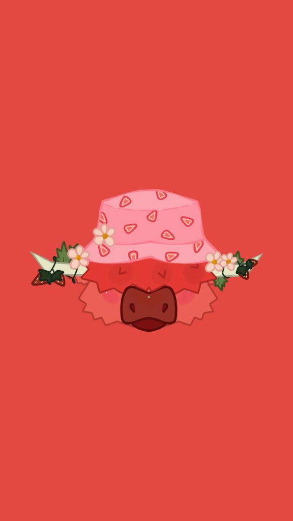 Cow with strawberry print hat on dark pink background kawaii strawberry cow wallpaper