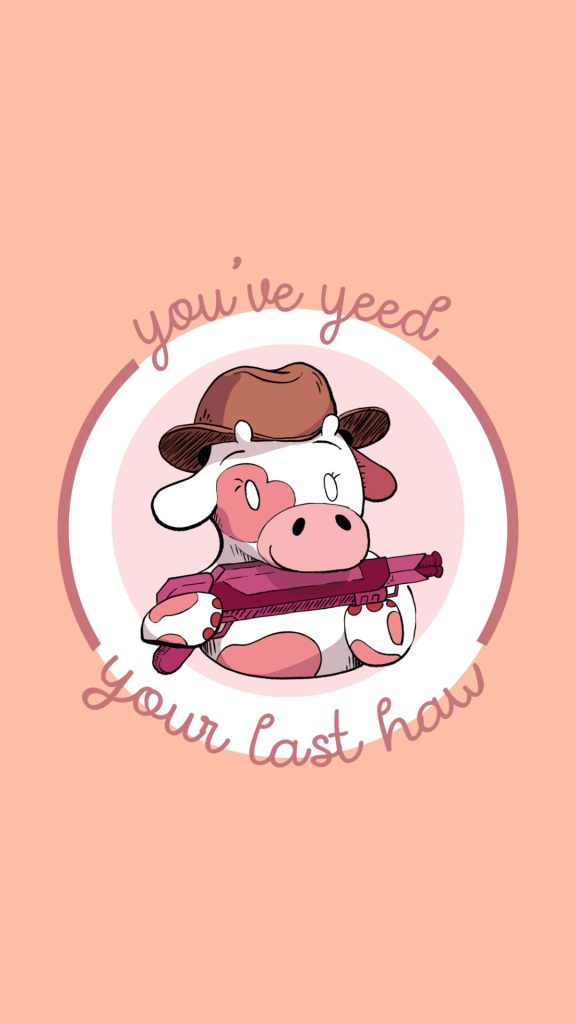 Cowboy themed baby cow with with gun on pink background kawaii strawberry cow wallpaper