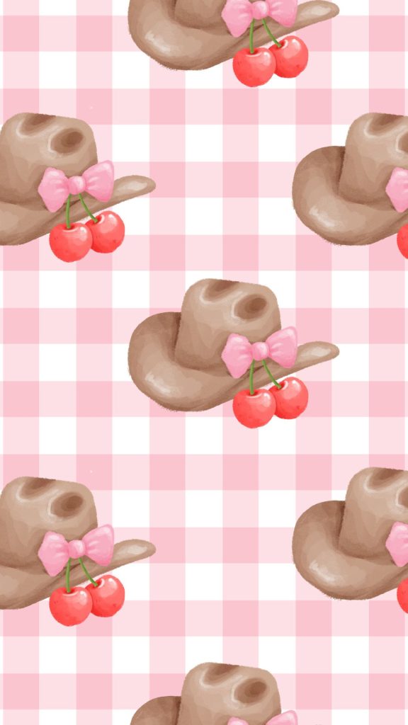 Cowgirl themed cherry hats with check background aesthetic cherry wallpapers