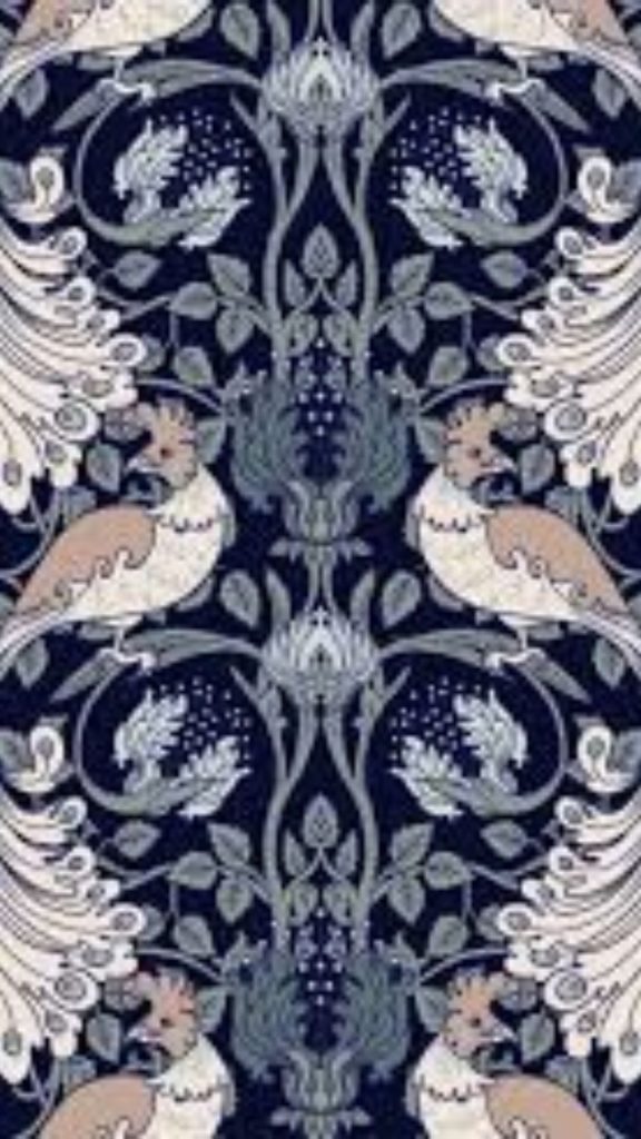 Crown birds with leafy blue floral themed background William Morris Strawberry Thief Wallpapers