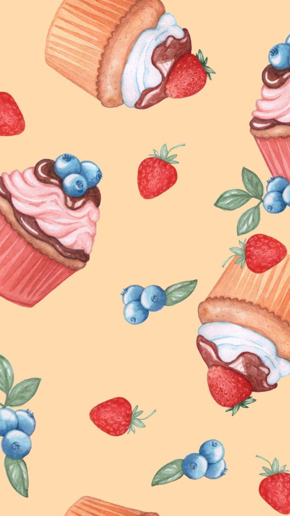 Cupcakes with strawberries and blueberries with peach background strawberry wallpaper for I phone