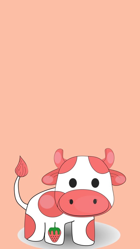 Cute and demure baby cow with strawberry on light peach background kawaii strawberry cow wallpaper