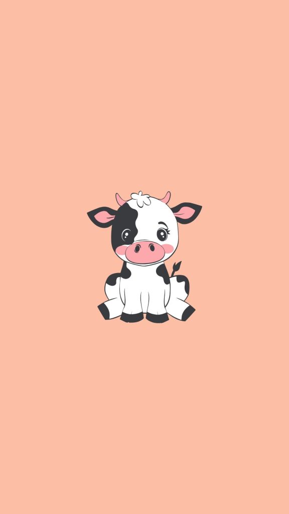 Cute and demure baby moo with peach pink background kawaii strawberry cow wallpaper