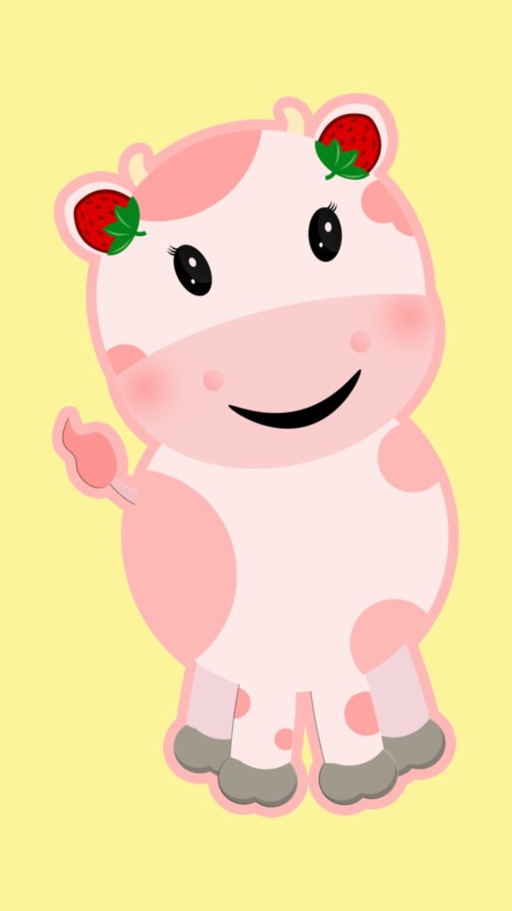 Cute and pretty baby cow with strawberries on light beige background kawaii strawberry cow wallpaper