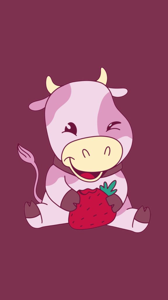 Cute baby cow eating strawberry with purple background in back kawaii strawberry cow wallpaper