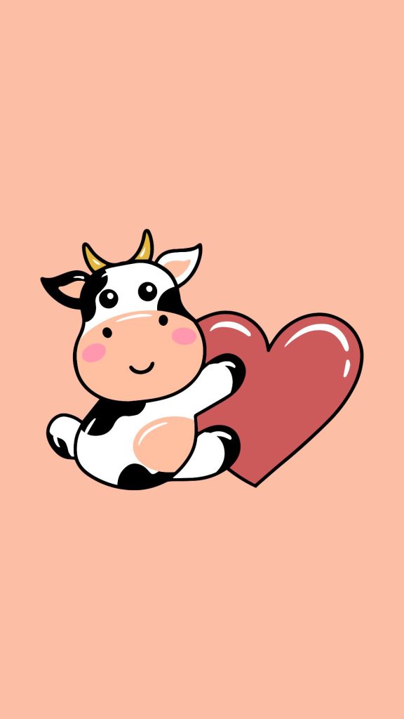 Cute baby cow holding heart with baby pink background kawaii strawberry cow wallpaper