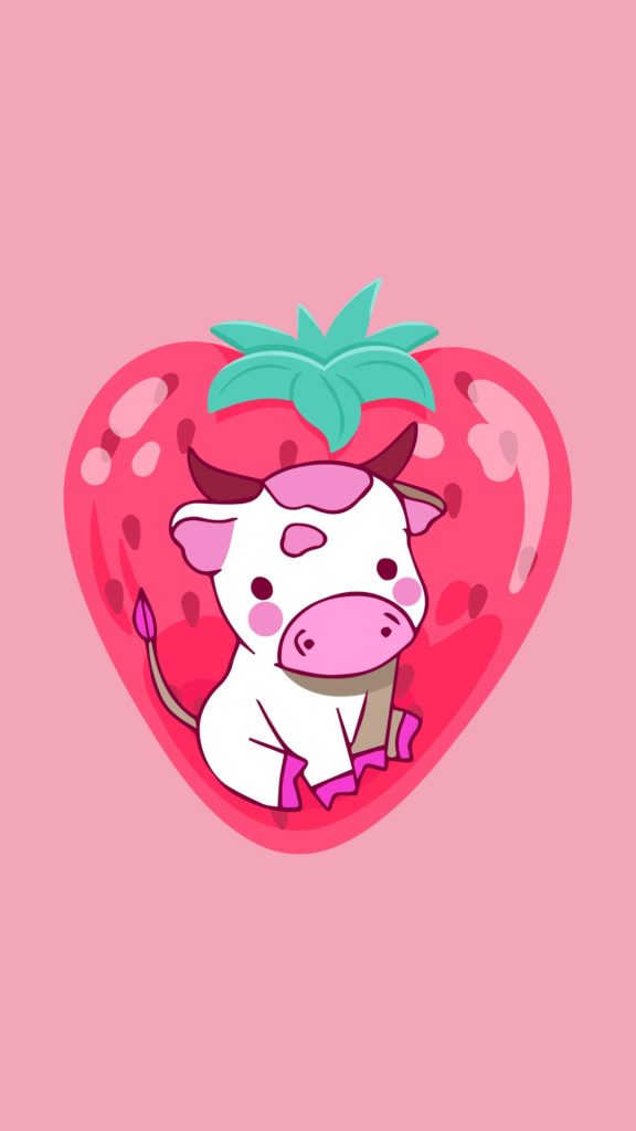 Cute baby cow in strawberry with pink background kawaii strawberry cow wallpaper