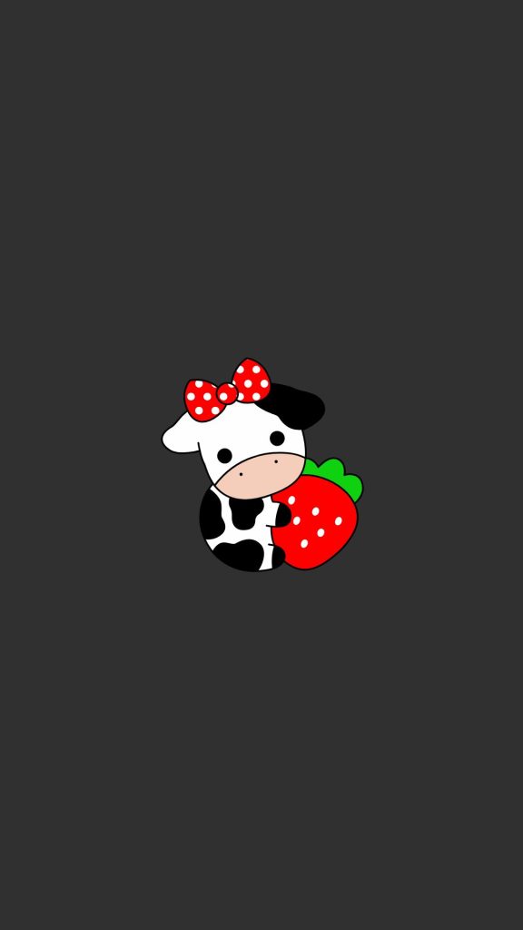 Cute baby cow with bow and strawberry with grey background kawaii strawberry cow wallpaper