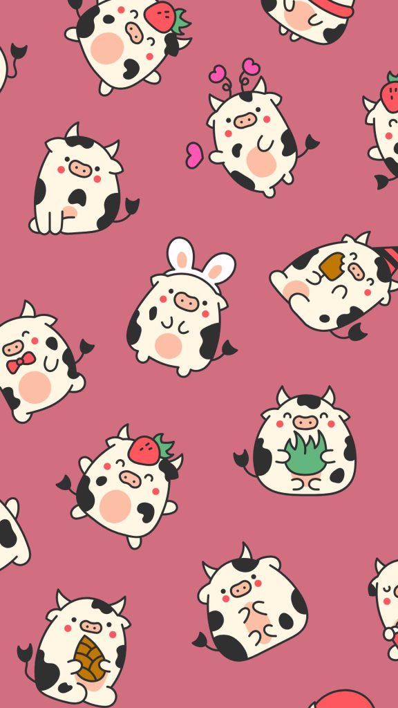 Cute baby cows with strawberries and flowers on purple background kawaii strawberry cow wallpaper