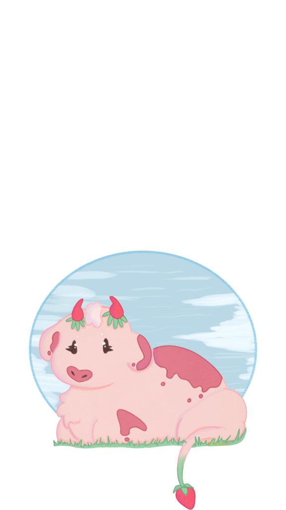 Cute baby strawberry horned cow with white and sky background kawaii strawberry cow wallpaper