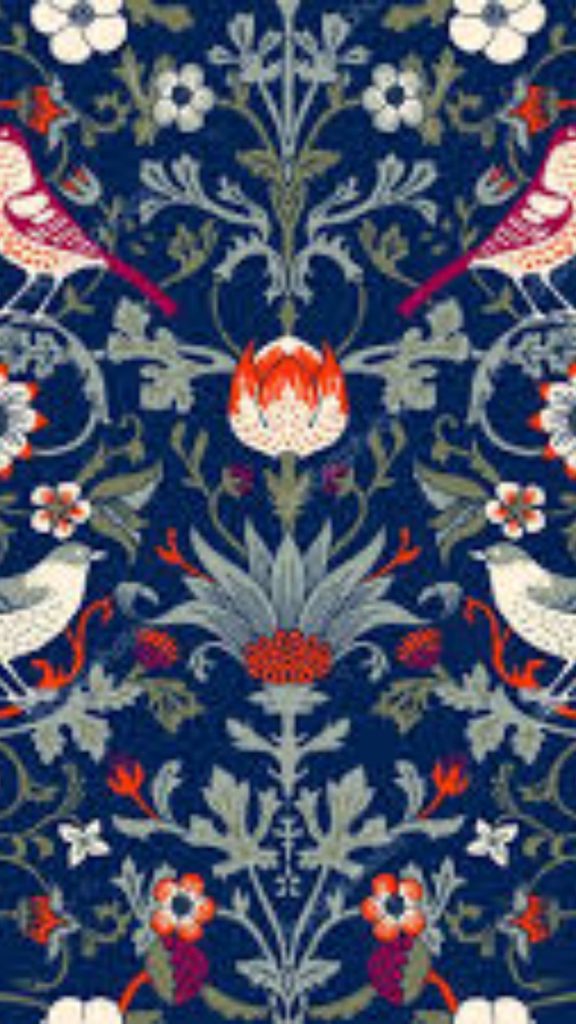 Cute birds in different shades with blue themed background William Morris Strawberry Thief Wallpapers