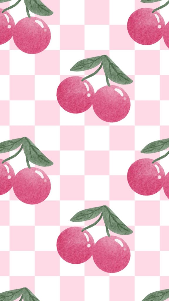 Cute bubble pink cherries with check background aesthetic cherry wallpapers