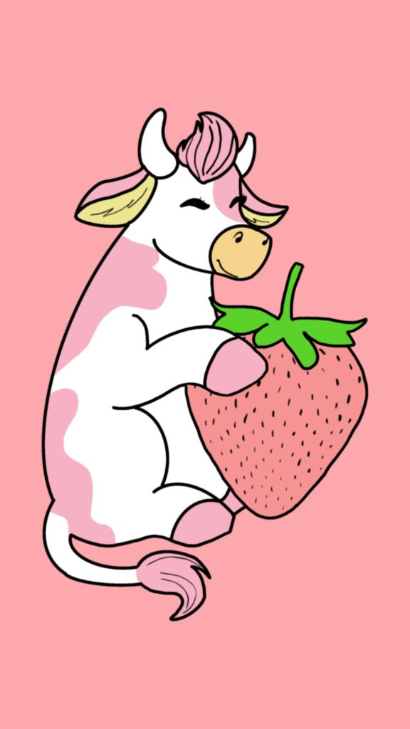 Cute cow holding light pink strawberry on pink background kawaii strawberry cow wallpaper