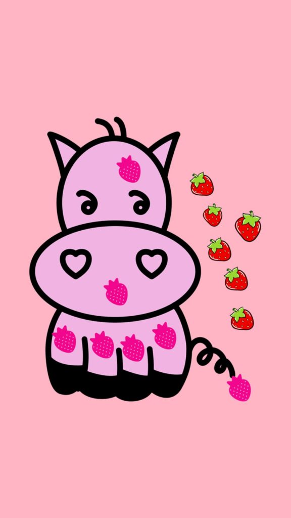 Cute cow with pink and red strawberries on baby pink background kawaii strawberry cow wallpaper