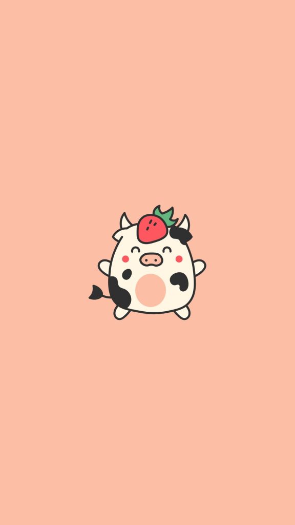Cute cow with strawberry and bell on peach background kawaii strawberry cow wallpaper