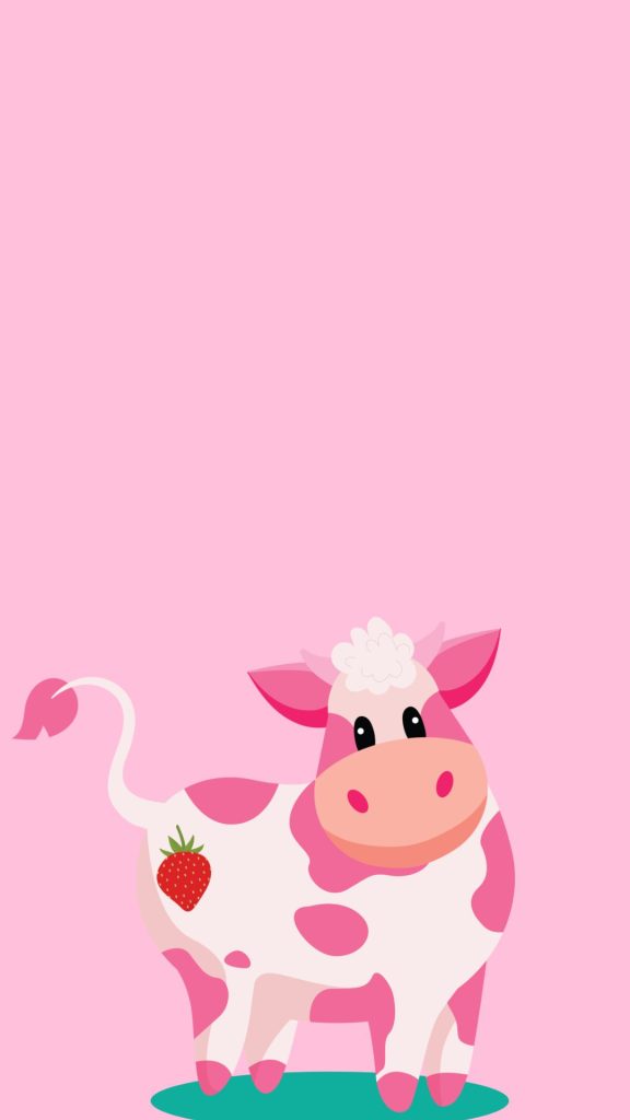 Cute cow with strawberry and pink background kawaii strawberry cow wallpaper