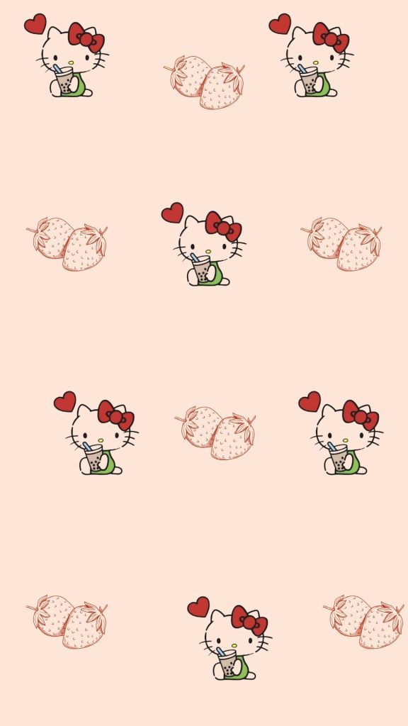 Cute hello kitty with red bow and red strawberries on peach background hello kitty strawberry wallpaper