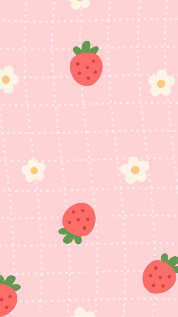 Cute kawaii pink strawberries and flowers on baby pink background vintage strawberry wallpaper