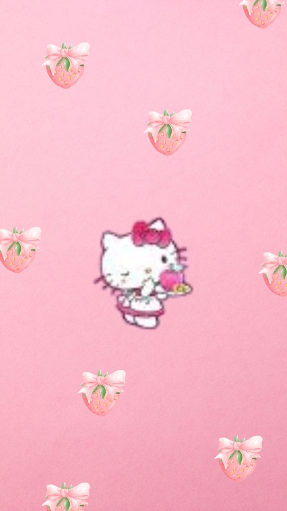 Cute little hello kitty with aesthetic pink ribbon strawberries on pink background hello kitty strawberry wallpaper