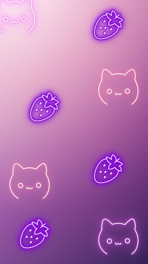 Cute neon kitties and neon purple strawberries on pastel pink background hello kitty strawberry wallpaper