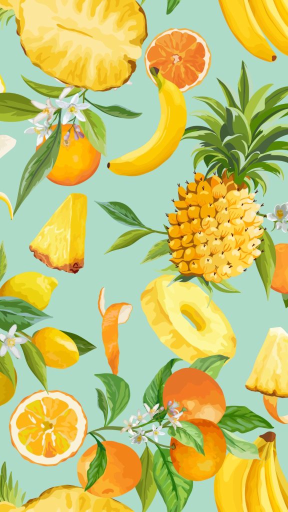 Cute painting of pineapples with bananas, oranges and leaves on sky background Pineapple wallpaper